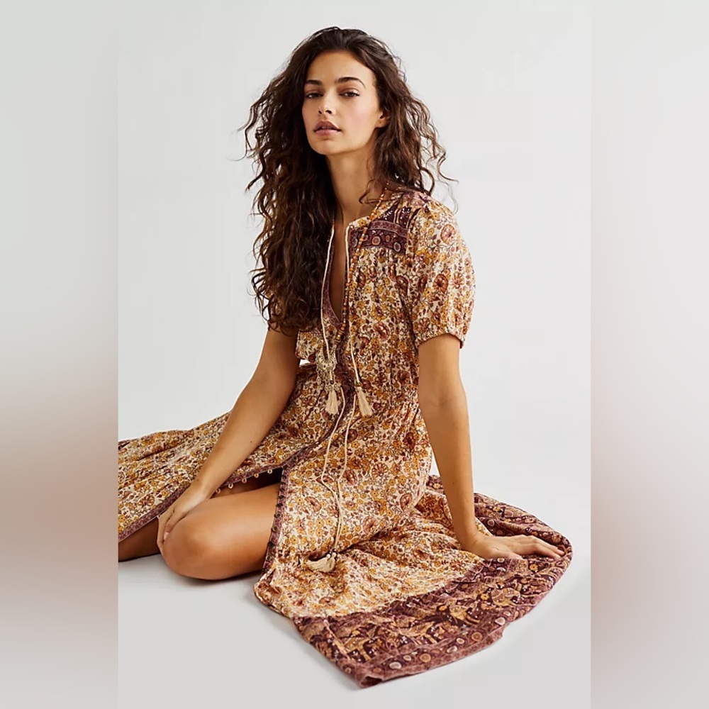 Spell & the Gypsy Floral Maxi Dress Sundown Gown Brown Cream Floral Short Sleeve